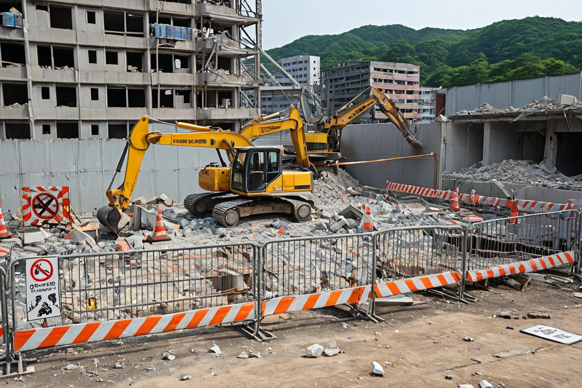 대구남구 철거 현장에서 안전 장치가 설치된 철거 작업 현장. 철거 중인 건물 주변에 안전 울타리와 안전 표지판이 배치되어 있으며, 철거 기계가 안전 규정에 따라 철거 작업을 진행하