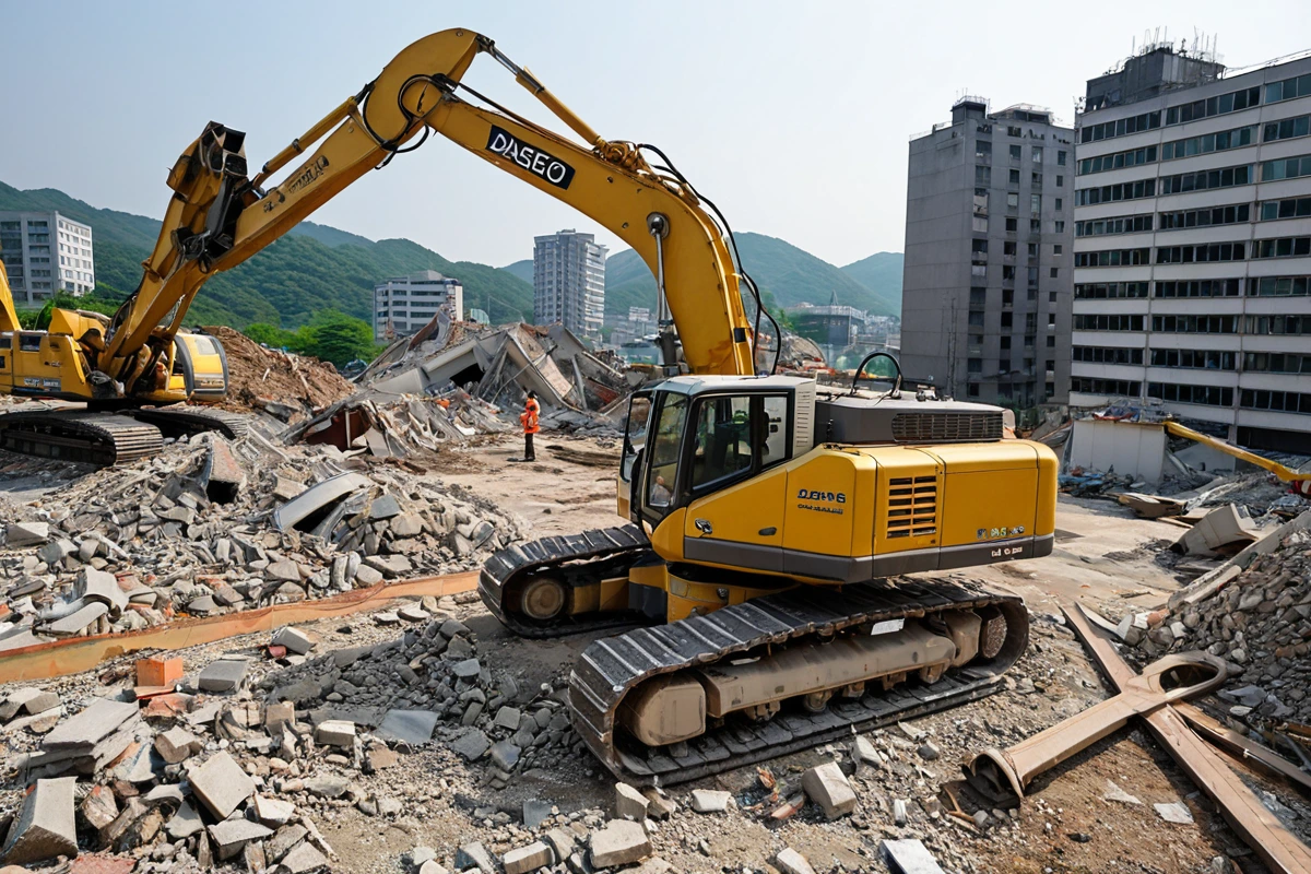 대구달서구대곡동 철거 현장에서 안전 점검을 위한 구조물 검사 장비가 철저히 준비된 모습. 철거 작업 전 구조물의 안정성을 확인하는 장비가 현장에 배치되어 있고, 철거 작업 중 발생