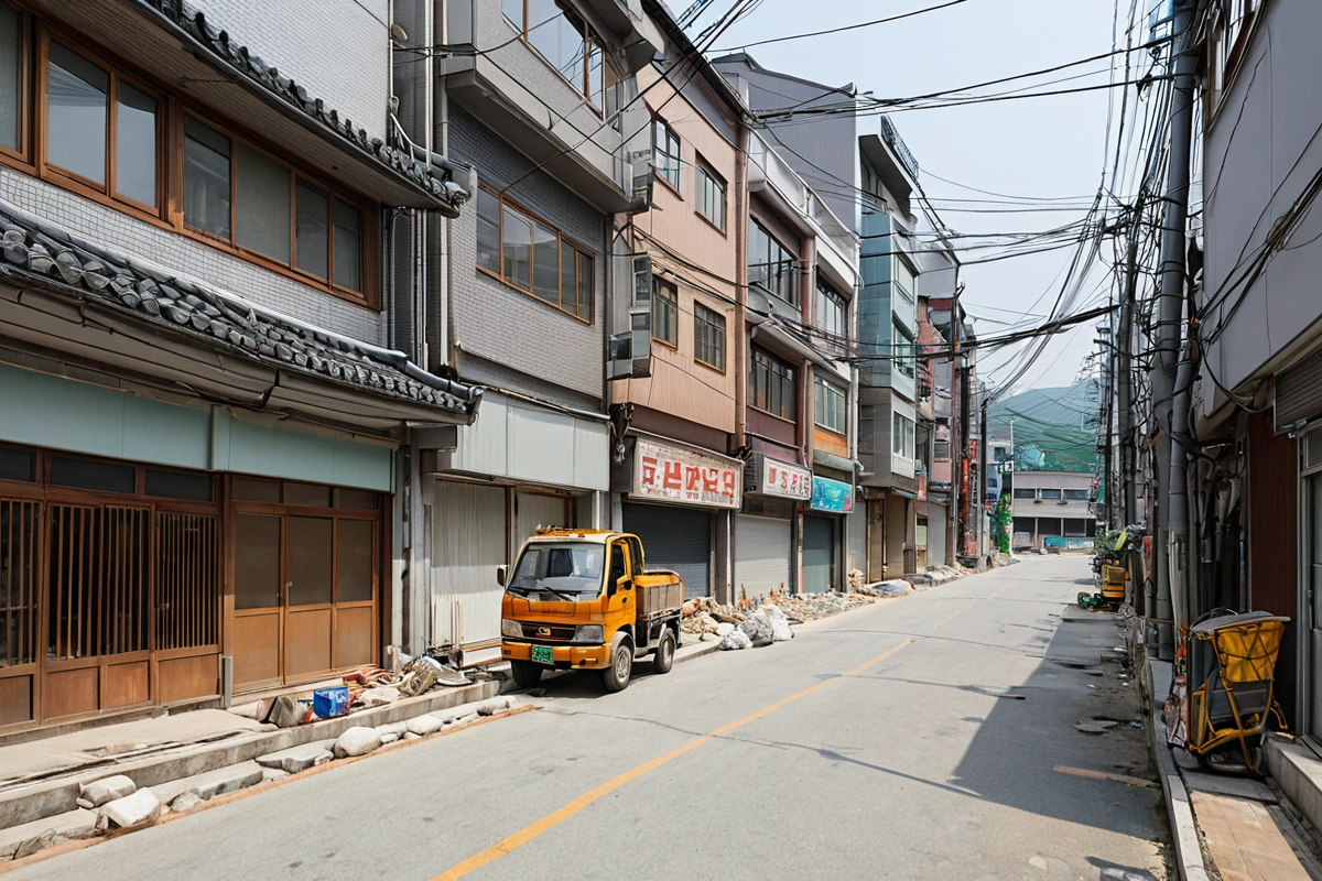 대구달서구성당동의 주거와 상업이 혼재된 거리에서 철거 작업을 시작하기 전, 주변 건물과 도로를 감독하는 철거 업체의 장비가 정확히 배치된 모습. 소음과 먼지 차단을 위한 투명 방진